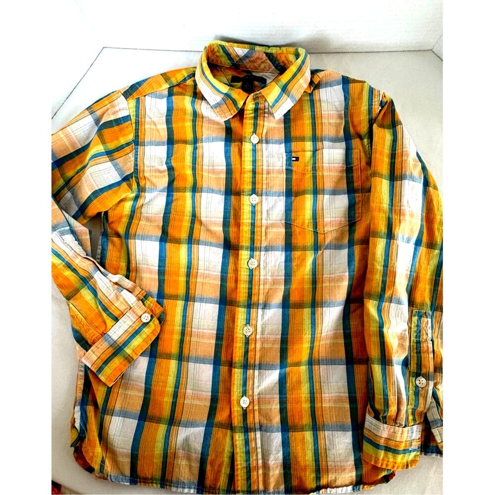 Boys Youth TOMMY HILFIGER L/S Yellow-Blue Plaid Button Down Dress Shirt-M (8-10)